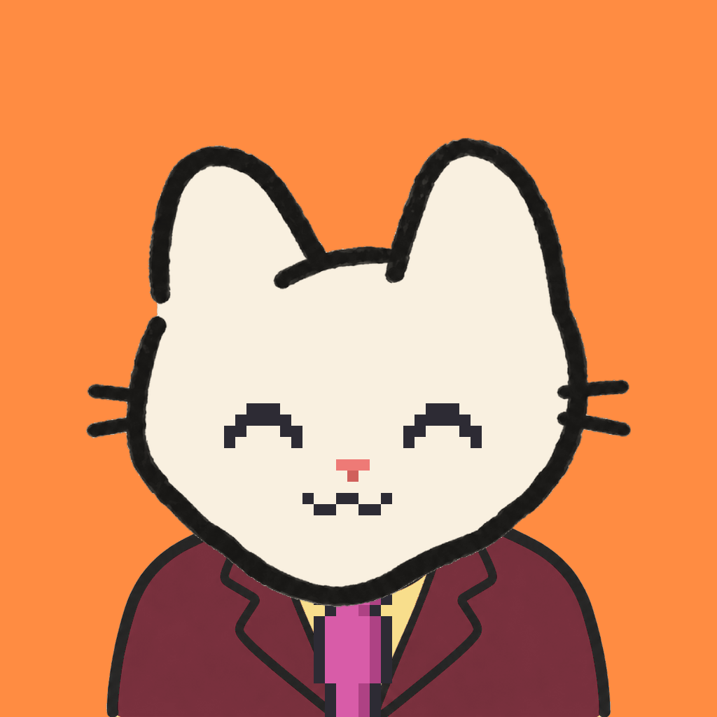 Employee #0907 — a cream cat, in a burgundy suit, with a magenta tie, on tangerine
