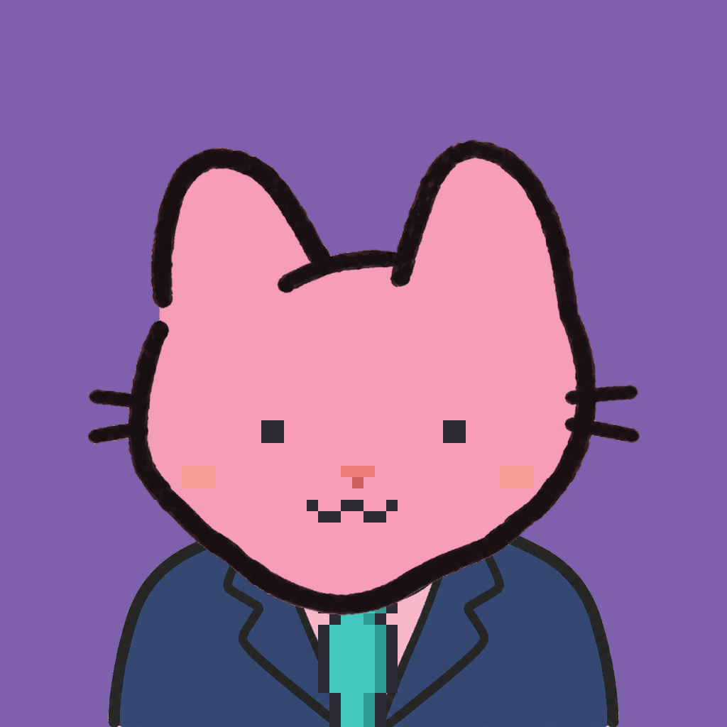 Employee #0908 — a pink cat, in a navy suit, with a teal tie, on plasma violet