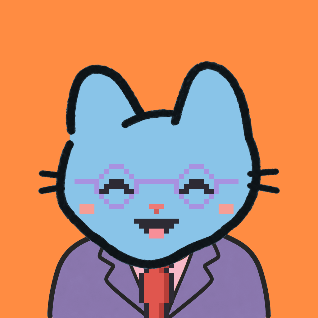 Employee #0909 — a sky cat, in a lavender suit, with a red tie, wearing round-lavender glasses, on tangerine