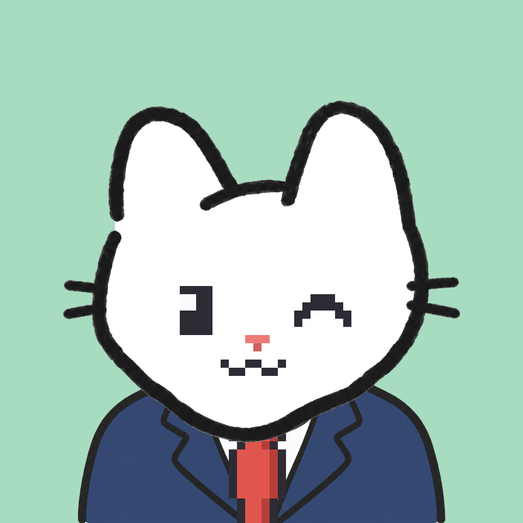Employee #0091 — a white cat, in a navy suit, with a red tie, on mint