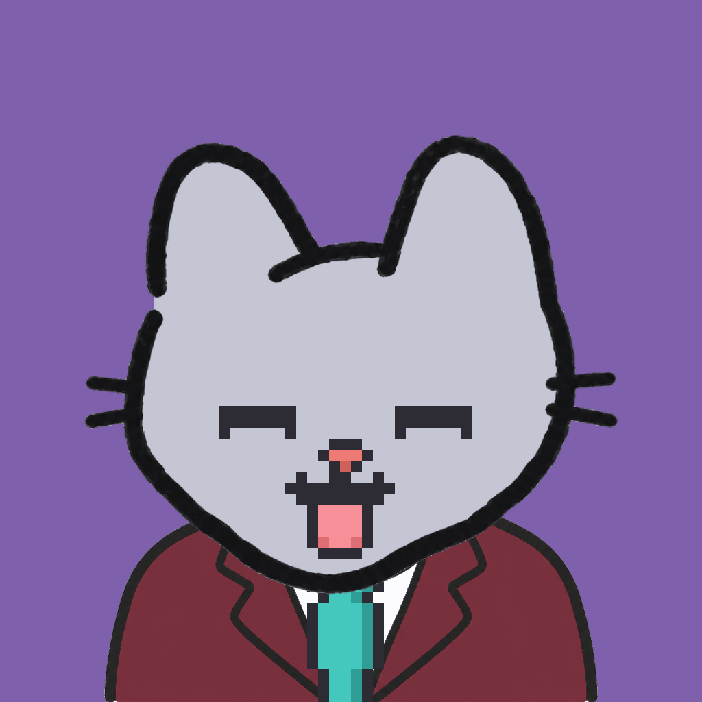 Employee #0910 — a gray cat, in a burgundy suit, with a teal tie, on plasma violet