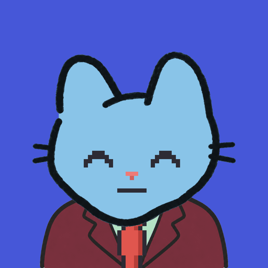 Employee #0911 — a sky cat, in a burgundy suit, with a red tie, on royal
