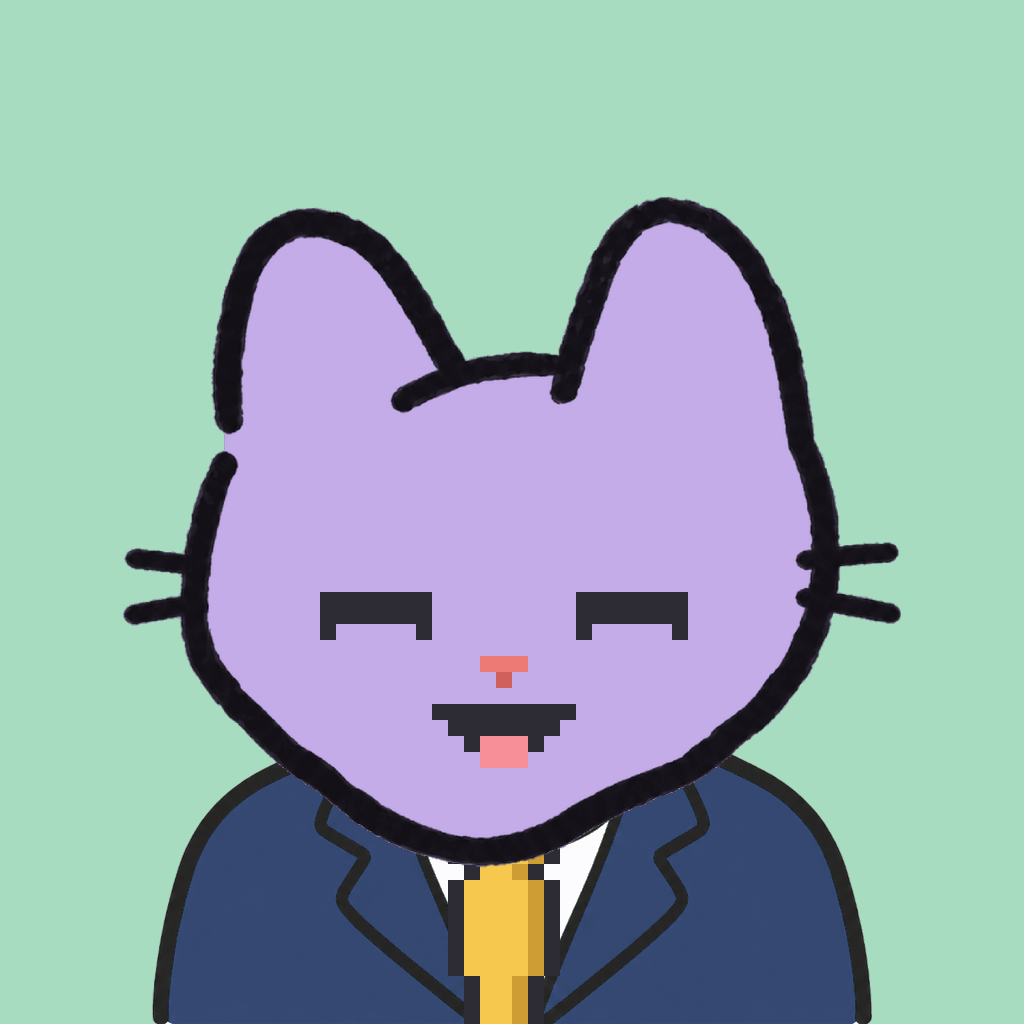 Employee #0912 — a lavender cat, in a navy suit, with a gold tie, on mint