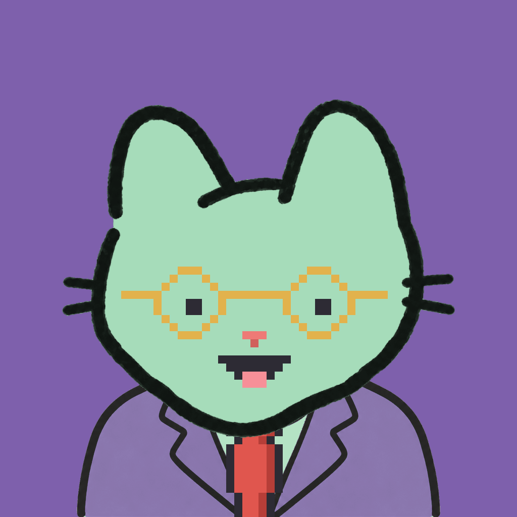 Employee #0913 — a mint cat, in a lavender suit, with a red tie, wearing round-gold glasses, on plasma violet