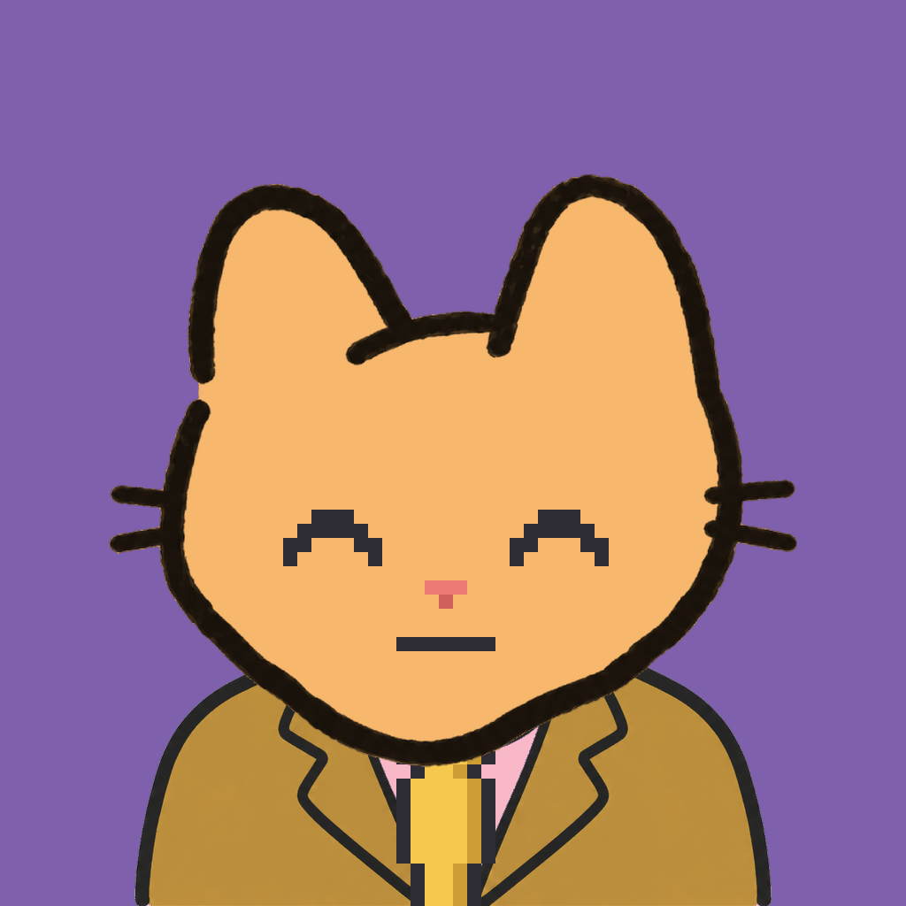 Employee #0914 — a tabby cat, in a mustard suit, with a gold tie, on plasma violet
