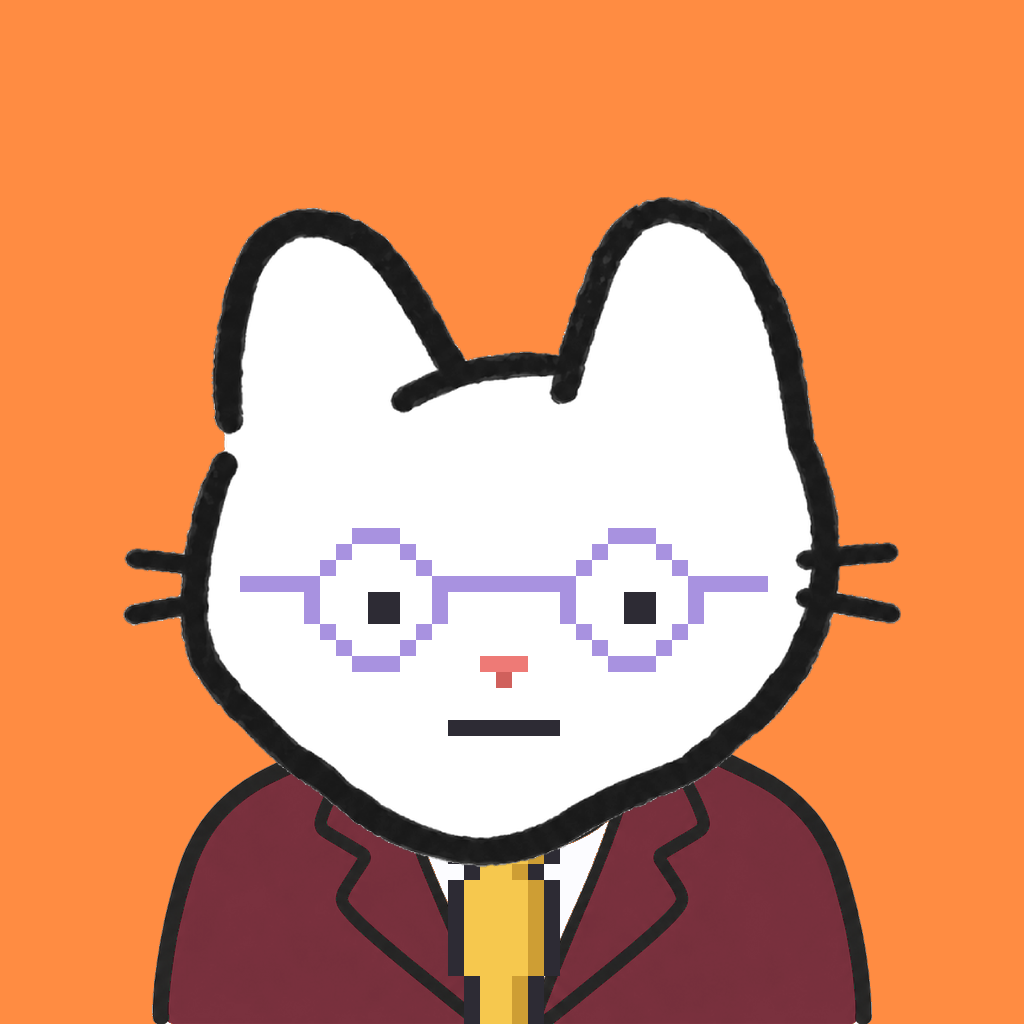 Employee #0915 — a white cat, in a burgundy suit, with a gold tie, wearing round-lavender glasses, on tangerine