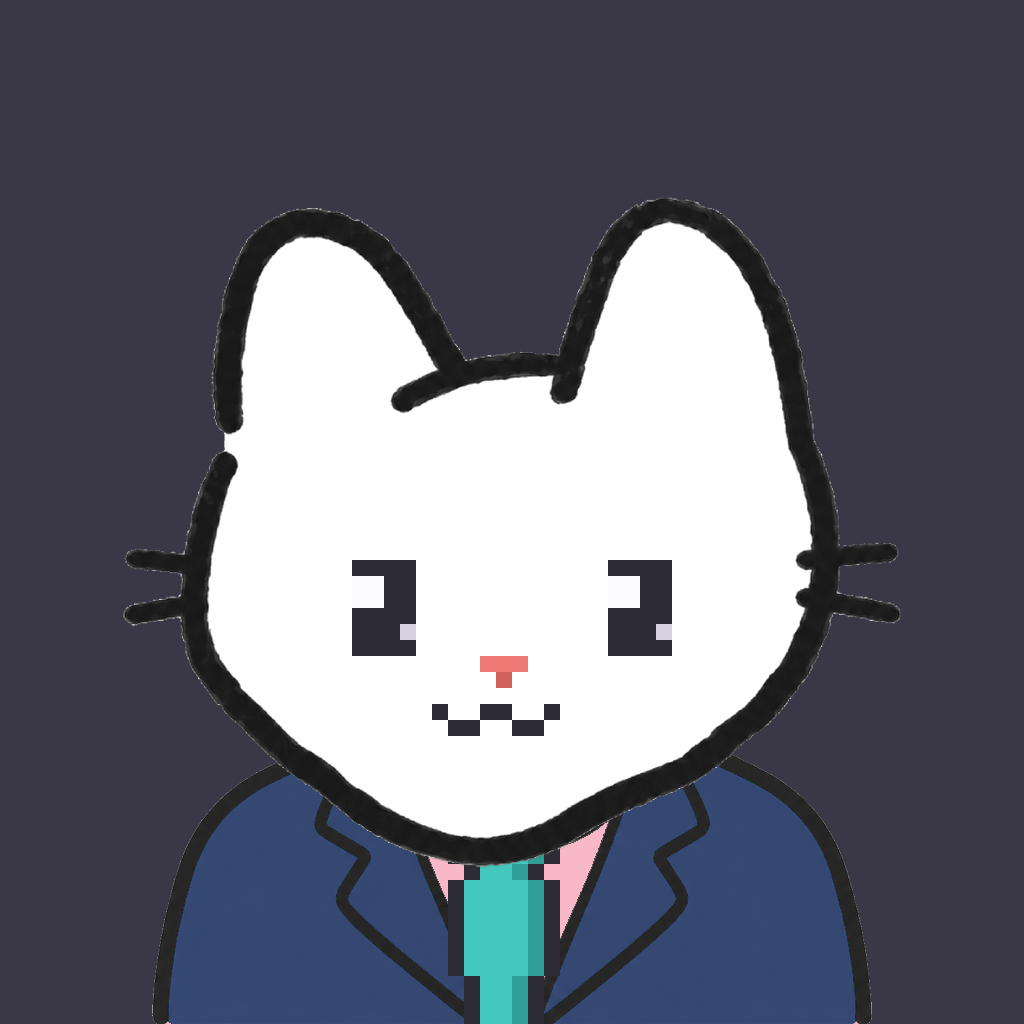 Employee #0916 — a white cat, in a navy suit, with a teal tie, on charcoal