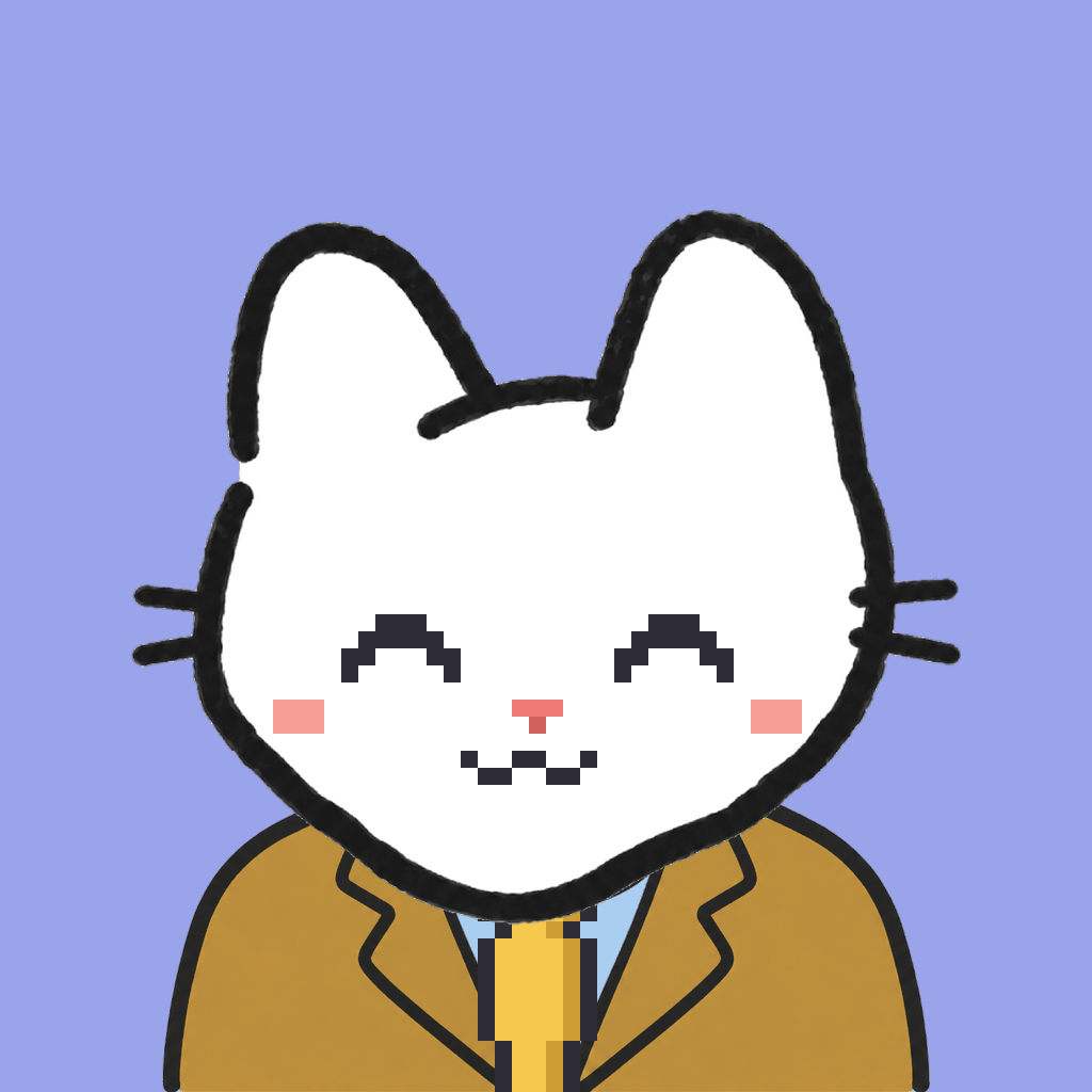 Employee #0917 — a white cat, in a mustard suit, with a gold tie, on periwinkle
