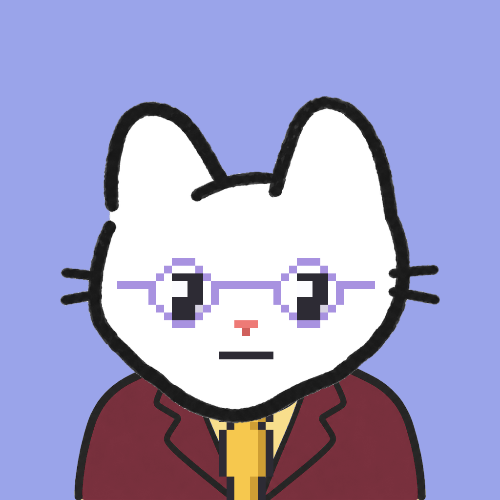 Employee #0918 — a white cat, in a burgundy suit, with a gold tie, wearing round-lavender glasses, on periwinkle