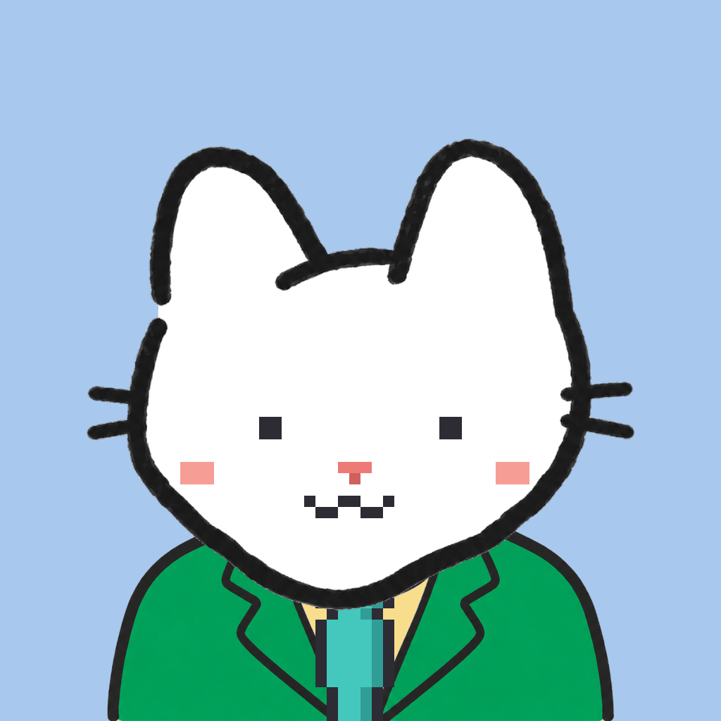 Employee #0919 — a white cat, in a green suit, with a teal tie, on sky