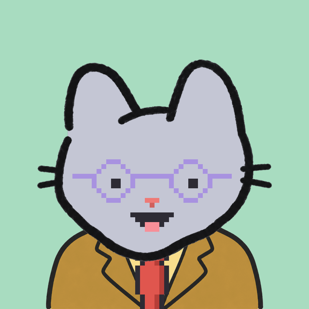 Employee #0092 — a gray cat, in a mustard suit, with a red tie, wearing round-lavender glasses, on mint