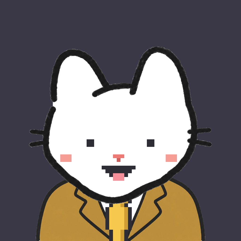 Employee #0920 — a white cat, in a mustard suit, with a gold tie, on charcoal