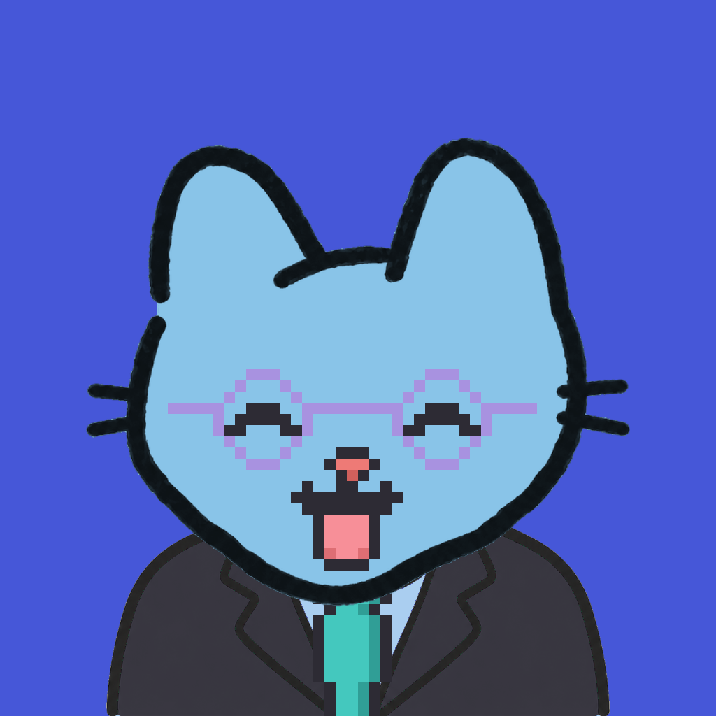 Employee #0921 — a sky cat, in a black suit, with a teal tie, wearing round-lavender glasses, on royal