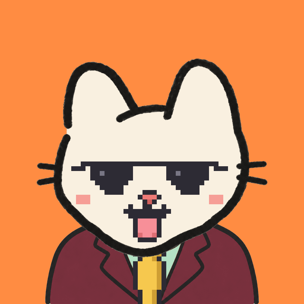 Employee #0923 — a cream cat, in a burgundy suit, with a gold tie, wearing shades glasses, on tangerine