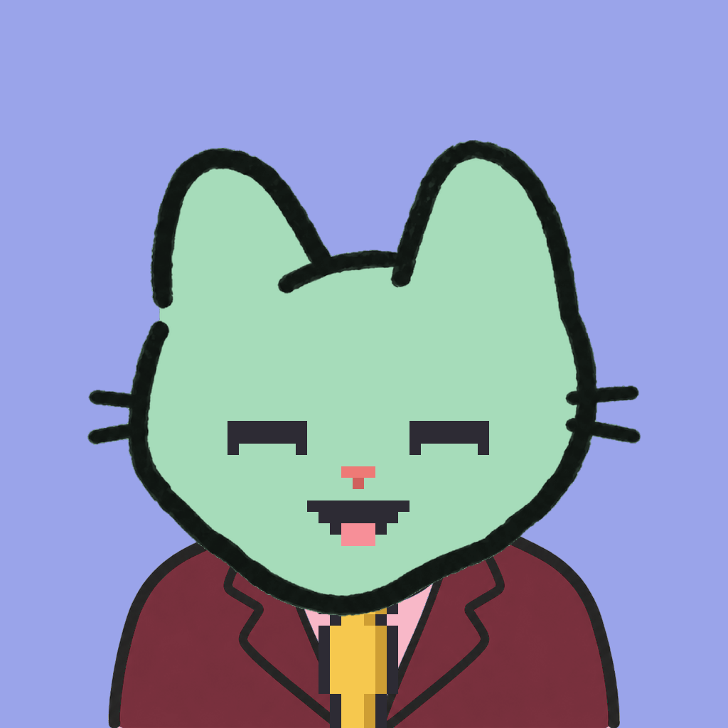 Employee #0924 — a mint cat, in a burgundy suit, with a gold tie, on periwinkle