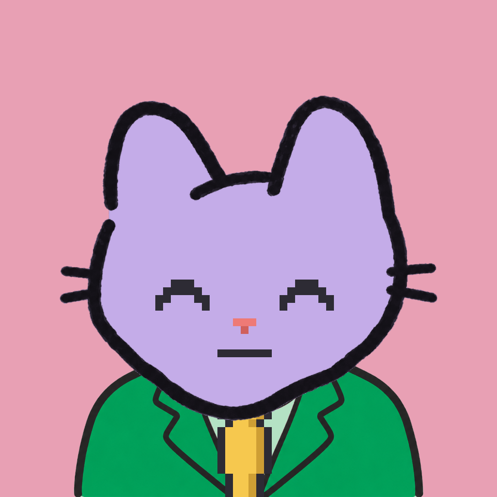 Employee #0925 — a lavender cat, in a green suit, with a gold tie, on rose