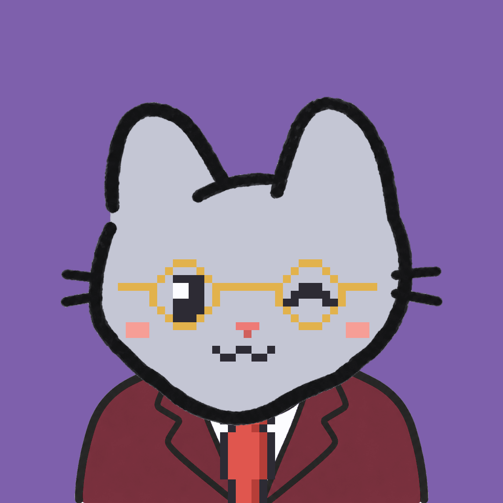 Employee #0926 — a gray cat, in a burgundy suit, with a red tie, wearing round-gold glasses, on plasma violet