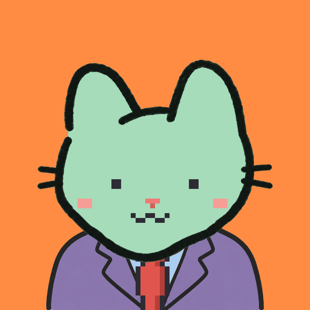 Employee #0927 — a mint cat, in a lavender suit, with a red tie, on tangerine