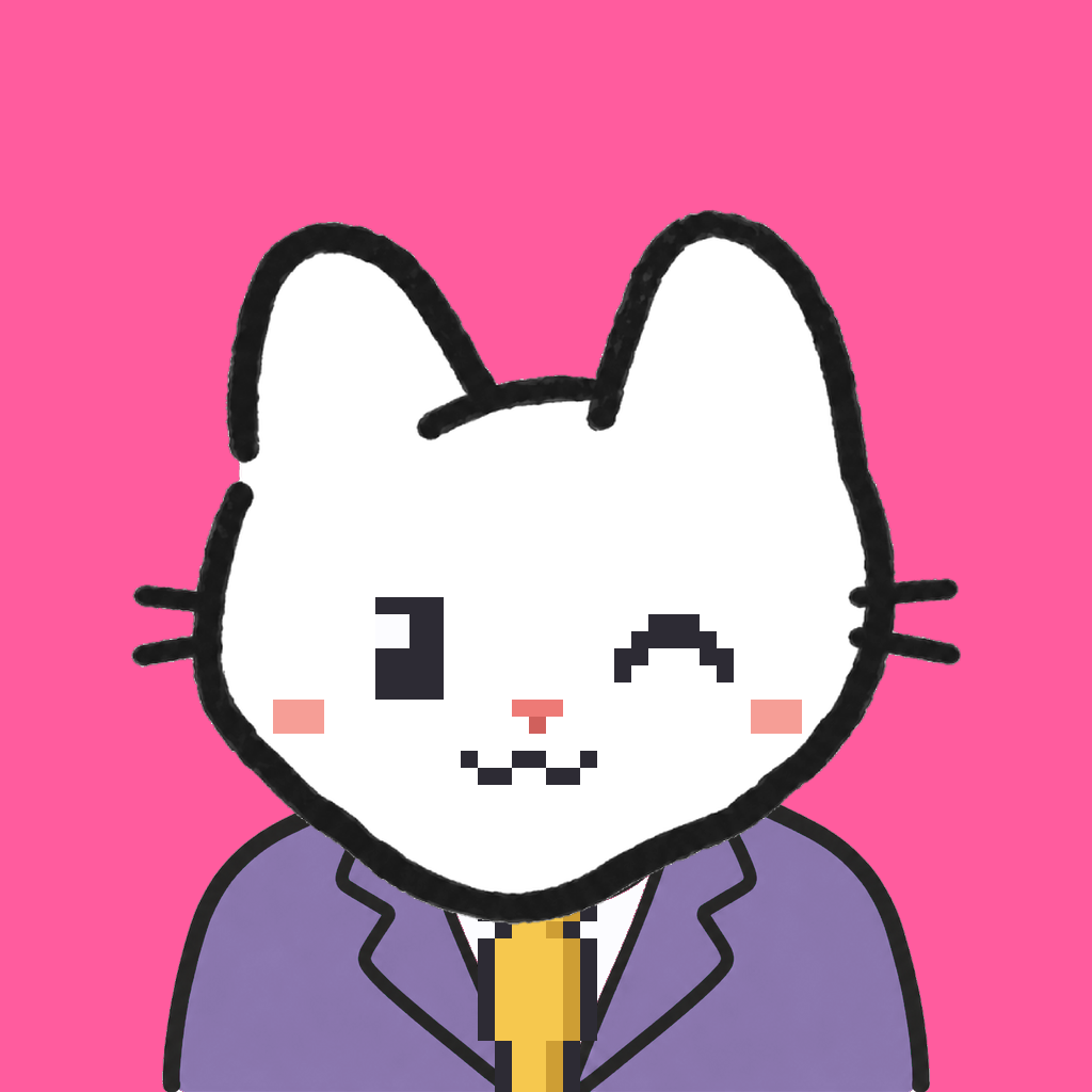 Employee #0928 — a white cat, in a lavender suit, with a gold tie, on hot pink