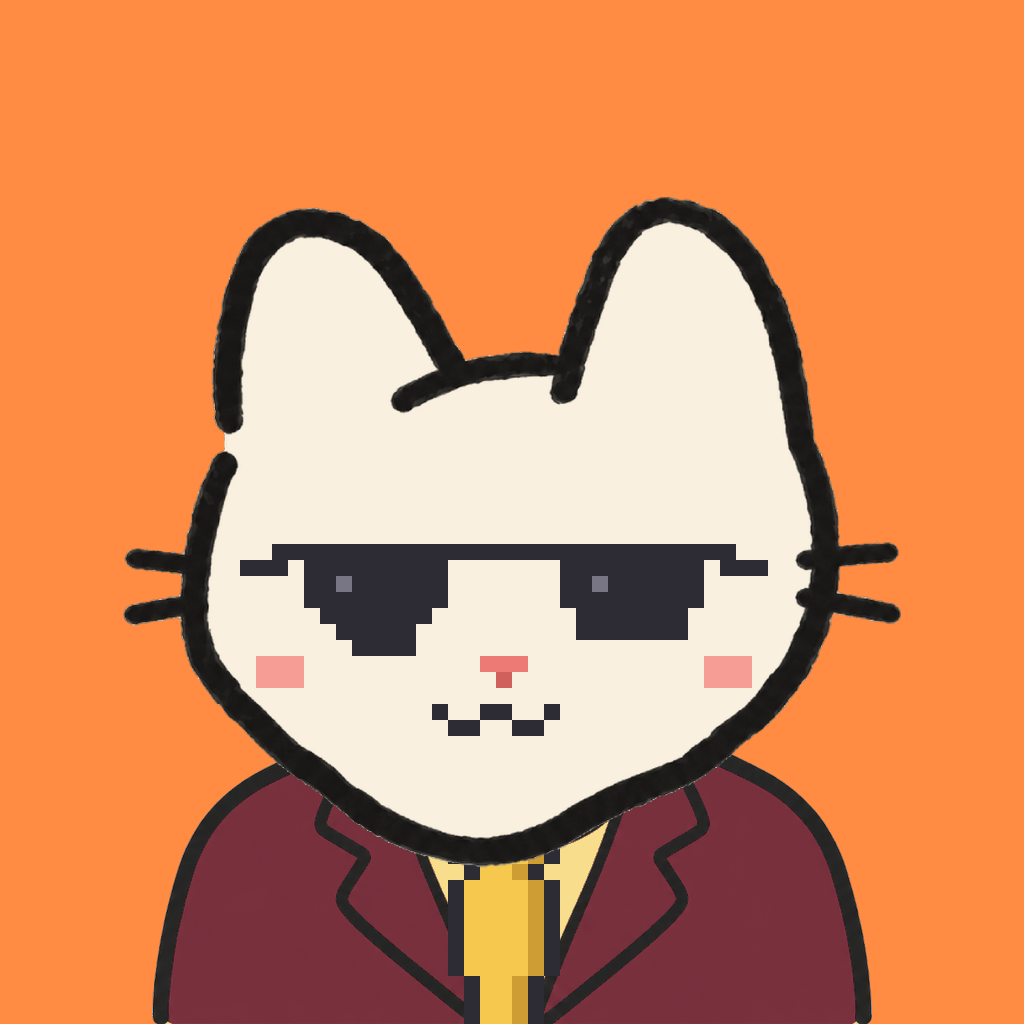 Employee #0929 — a cream cat, in a burgundy suit, with a gold tie, wearing shades glasses, on tangerine
