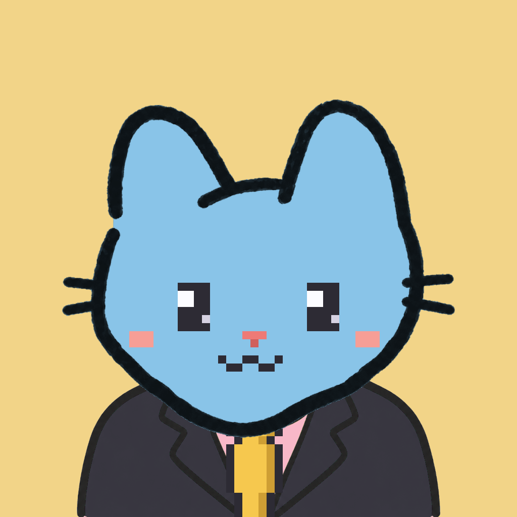 Employee #0093 — a sky cat, in a black suit, with a gold tie, on butter