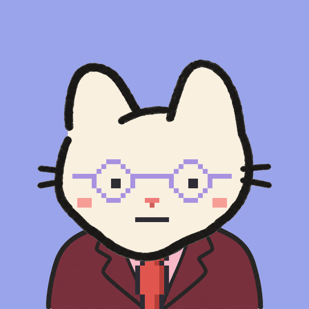 Employee #0930 — a cream cat, in a burgundy suit, with a red tie, wearing round-lavender glasses, on periwinkle