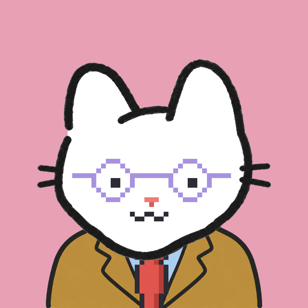 Employee #0931 — a white cat, in a mustard suit, with a red tie, wearing round-lavender glasses, on rose