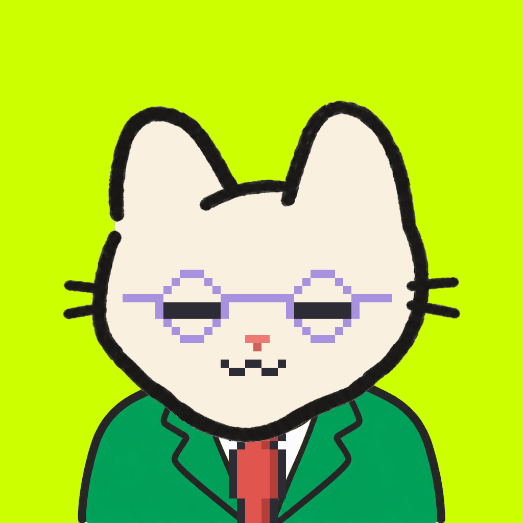 Employee #0932 — a cream cat, in a green suit, with a red tie, wearing round-lavender glasses, on volt