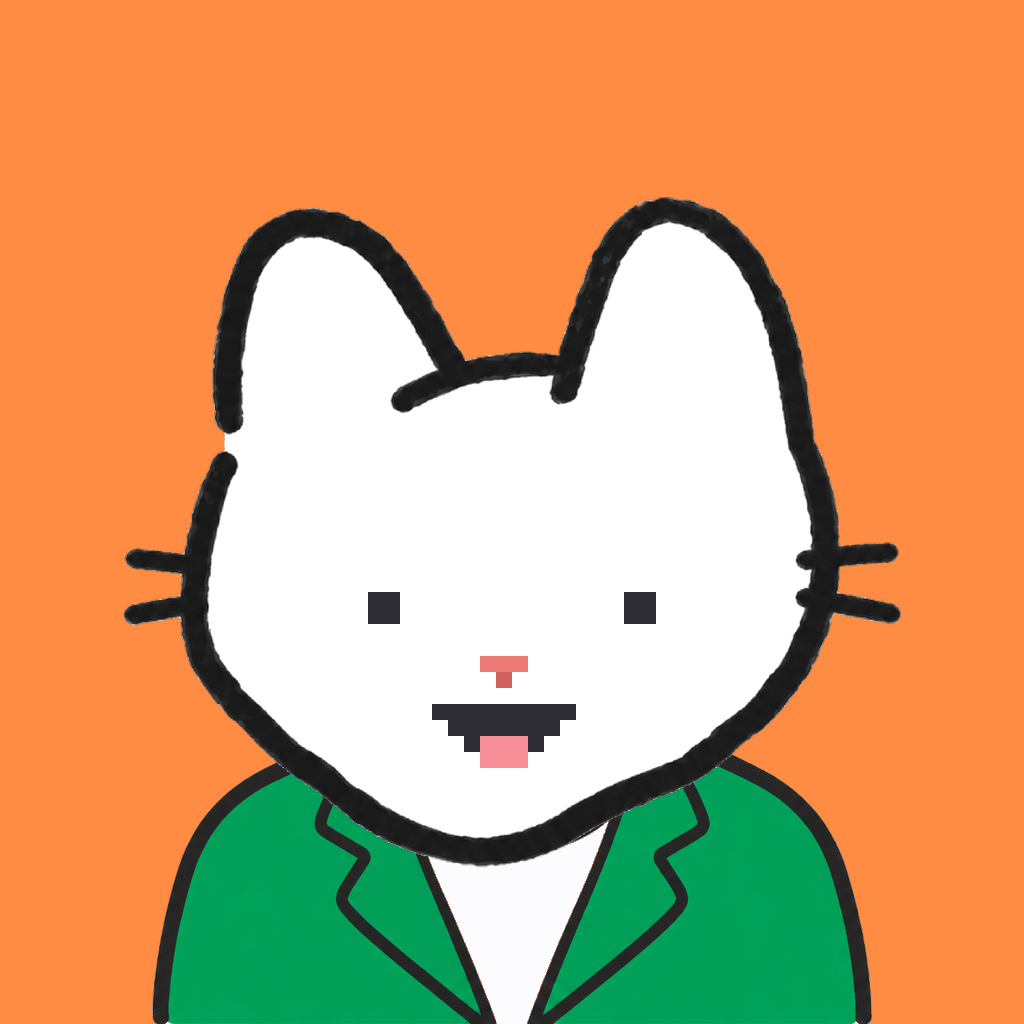 Employee #0933 — a white cat, in a green suit, on tangerine
