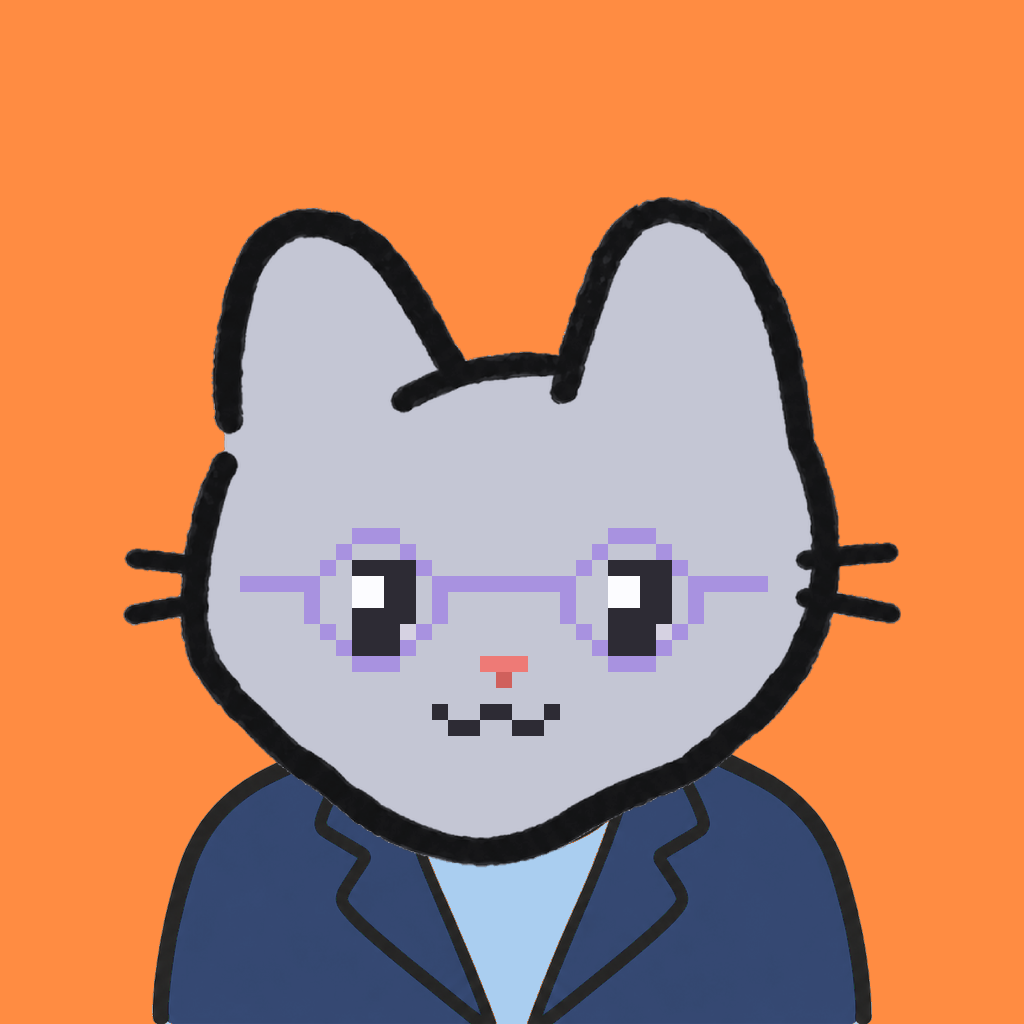 Employee #0934 — a gray cat, in a navy suit, wearing round-lavender glasses, on tangerine