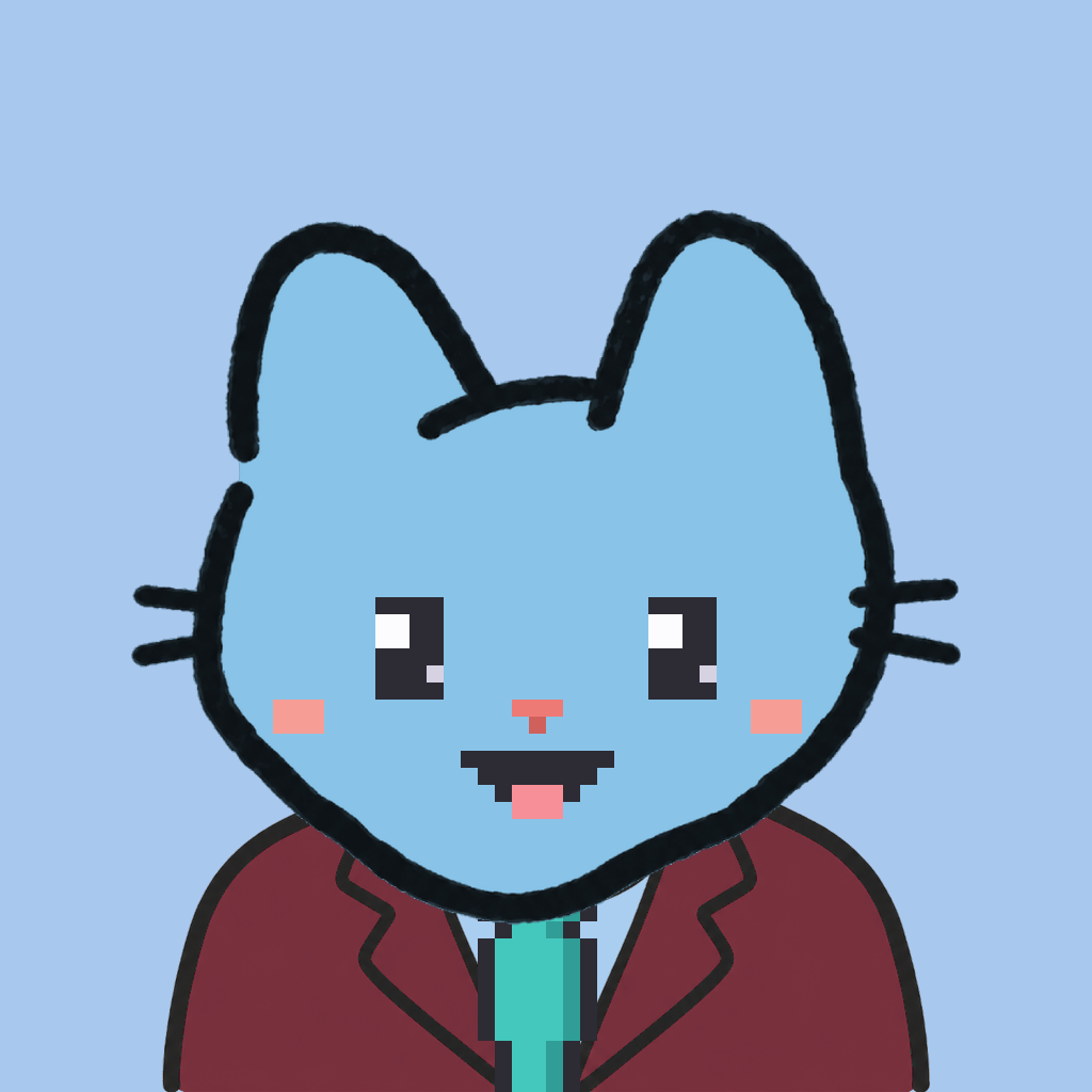 Employee #0935 — a sky cat, in a burgundy suit, with a teal tie, on sky