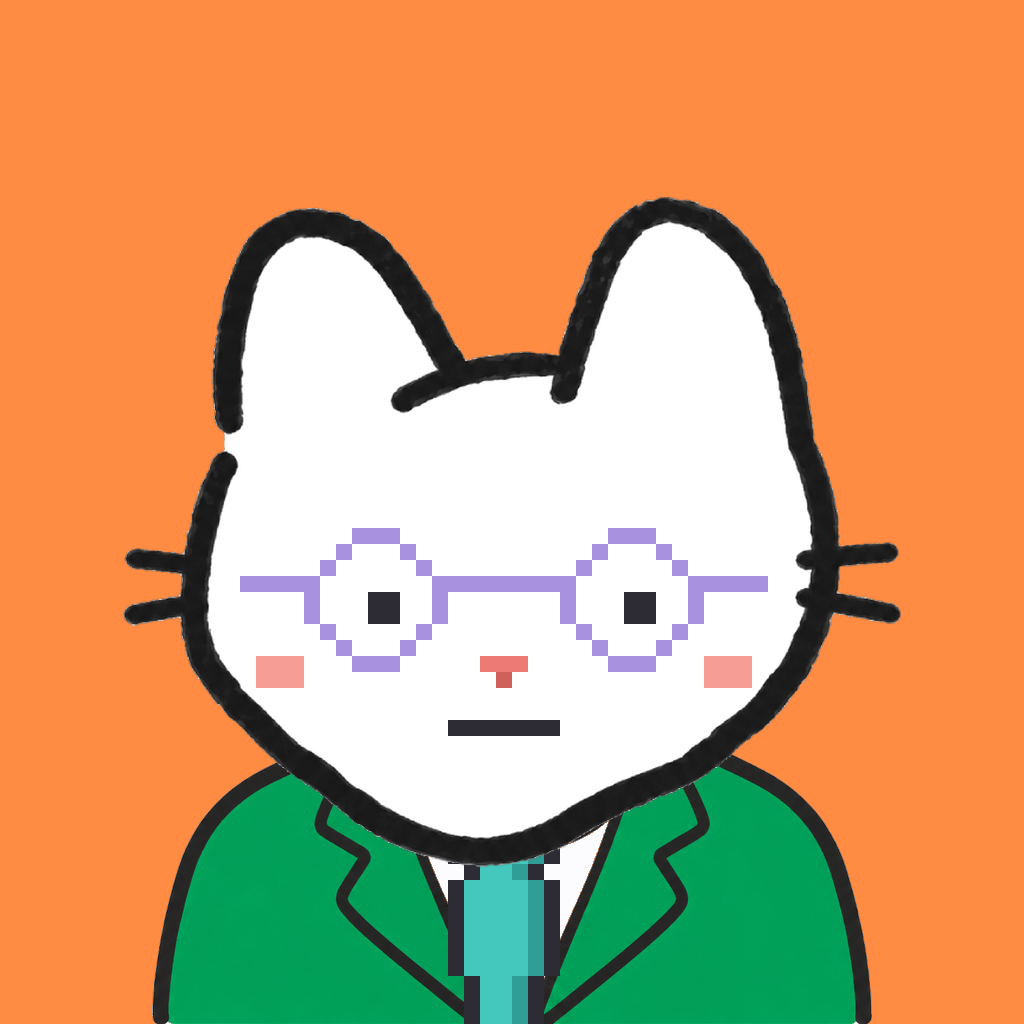 Employee #0937 — a white cat, in a green suit, with a teal tie, wearing round-lavender glasses, on tangerine