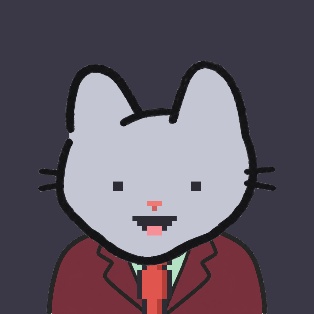 Employee #0938 — a gray cat, in a burgundy suit, with a red tie, on charcoal