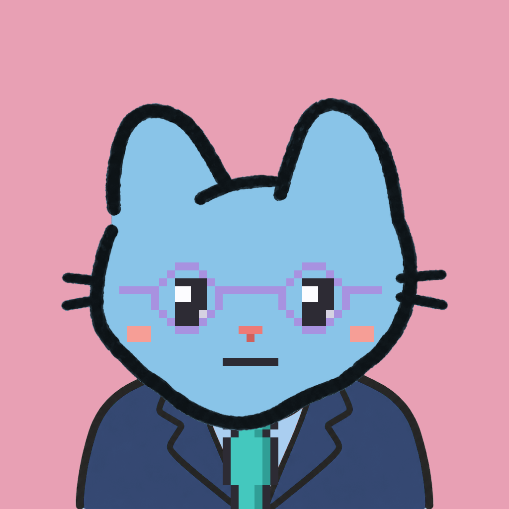 Employee #0939 — a sky cat, in a navy suit, with a teal tie, wearing round-lavender glasses, on rose