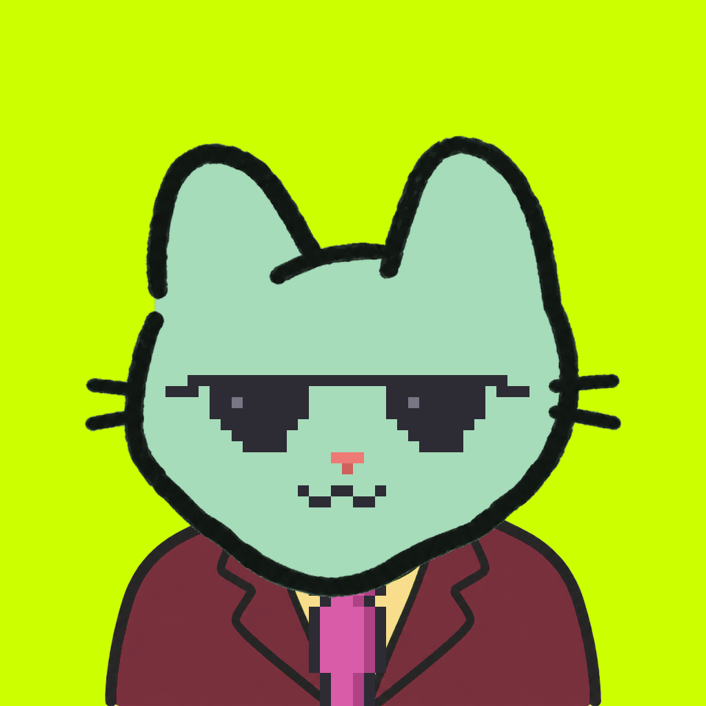 Employee #0094 — a mint cat, in a burgundy suit, with a magenta tie, wearing shades glasses, on volt