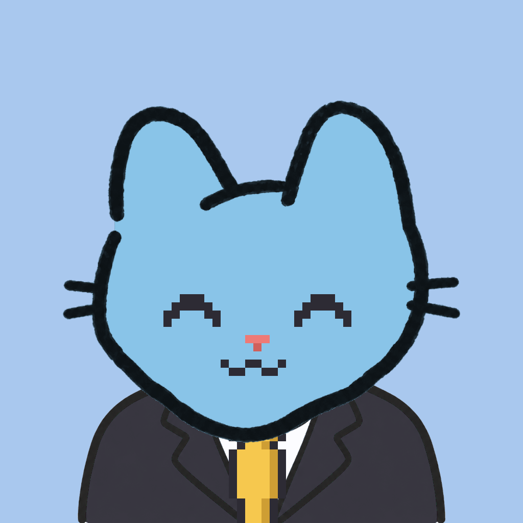 Employee #0940 — a sky cat, in a black suit, with a gold tie, on sky