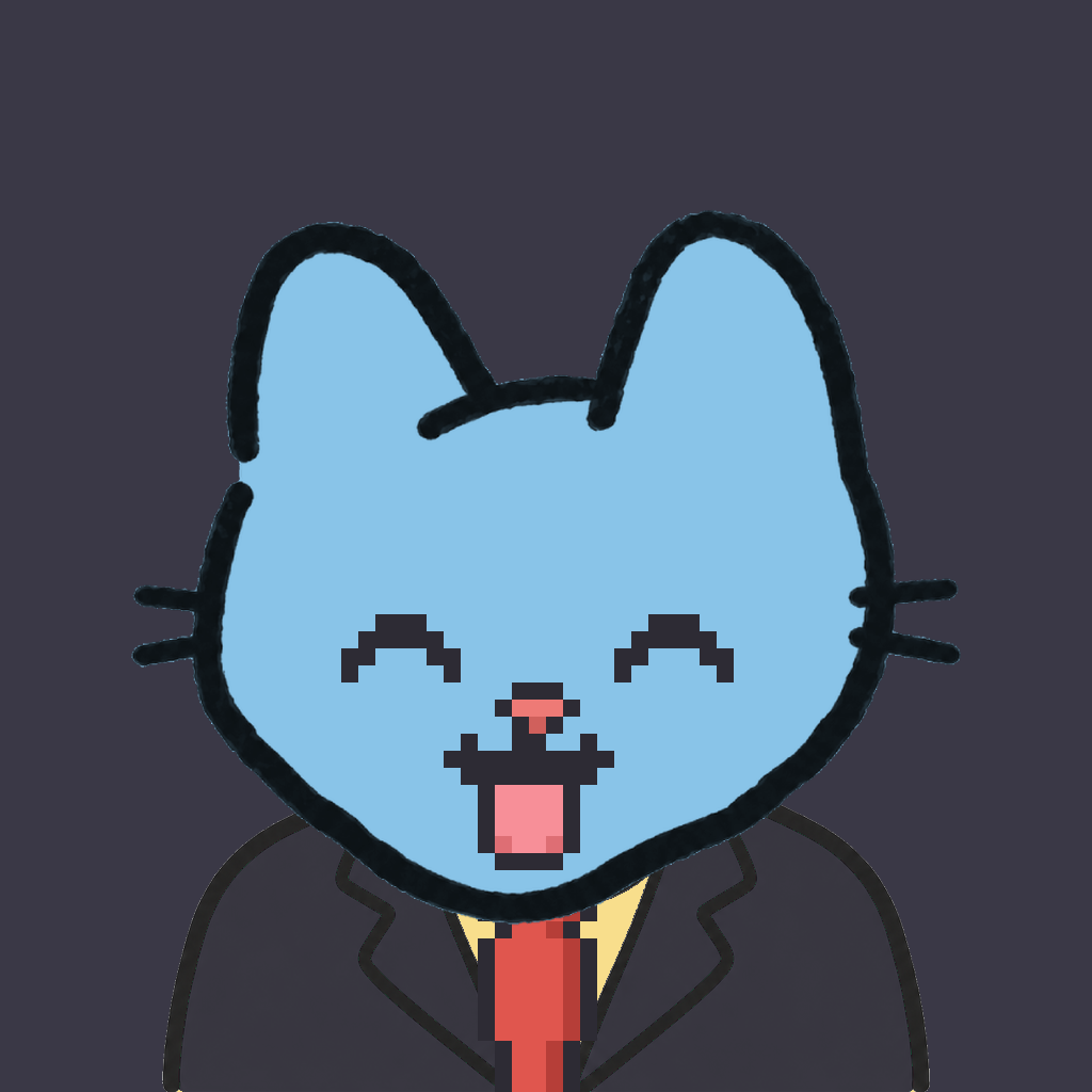 Employee #0941 — a sky cat, in a black suit, with a red tie, on charcoal