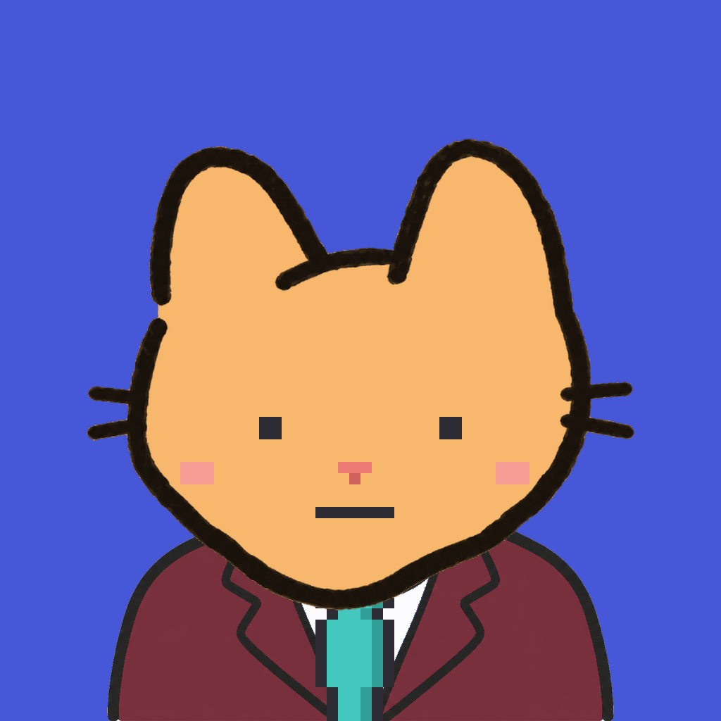 Employee #0942 — a tabby cat, in a burgundy suit, with a teal tie, on royal