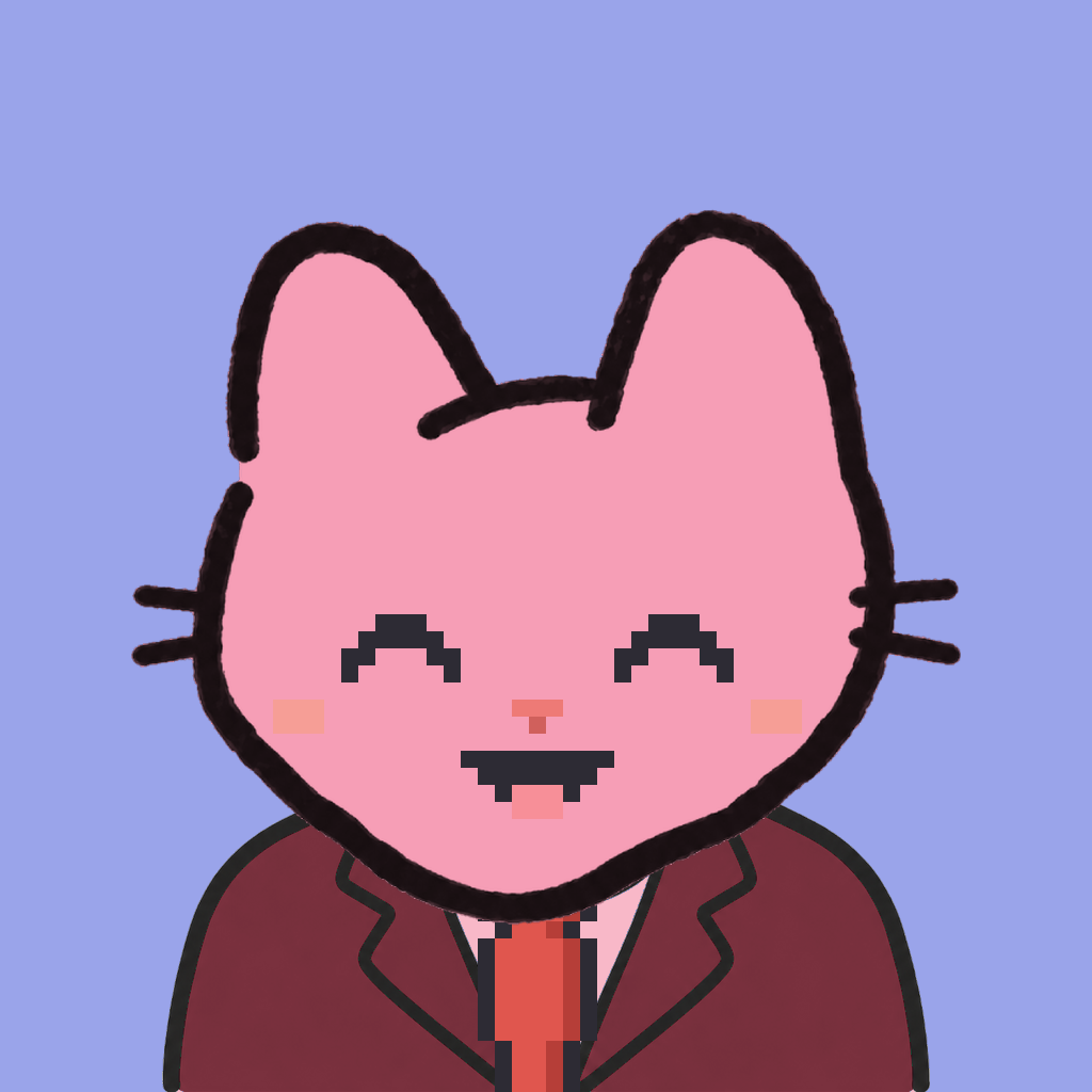 Employee #0943 — a pink cat, in a burgundy suit, with a red tie, on periwinkle