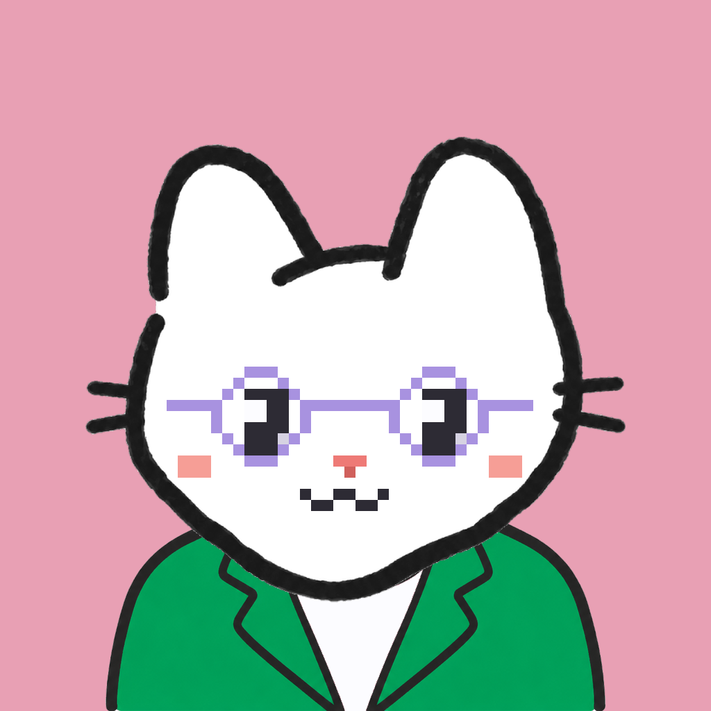 Employee #0944 — a white cat, in a green suit, wearing round-lavender glasses, on rose