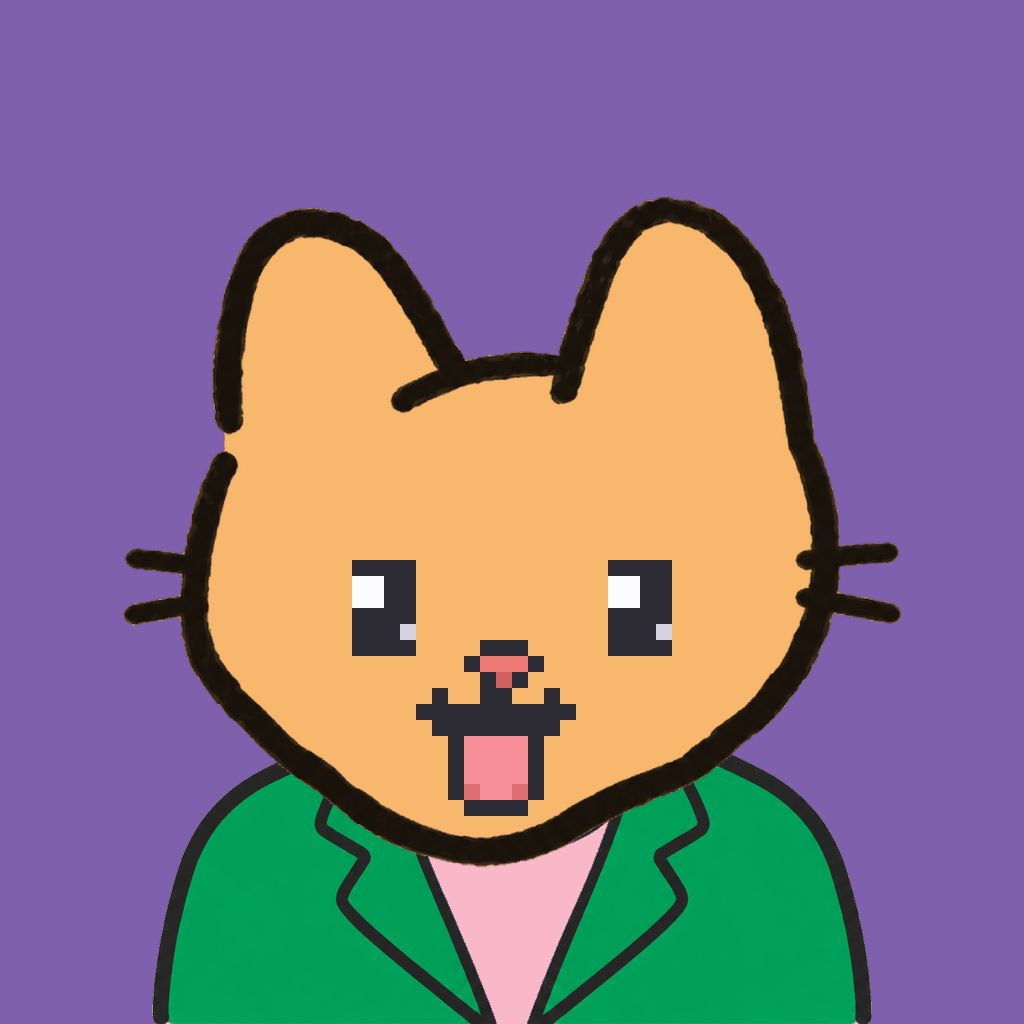 Employee #0945 — a tabby cat, in a green suit, on plasma violet