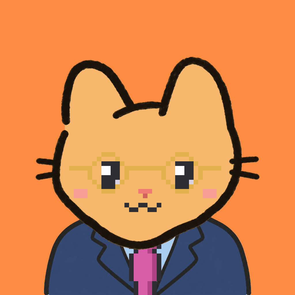 Employee #0946 — a tabby cat, in a navy suit, with a magenta tie, wearing round-gold glasses, on tangerine