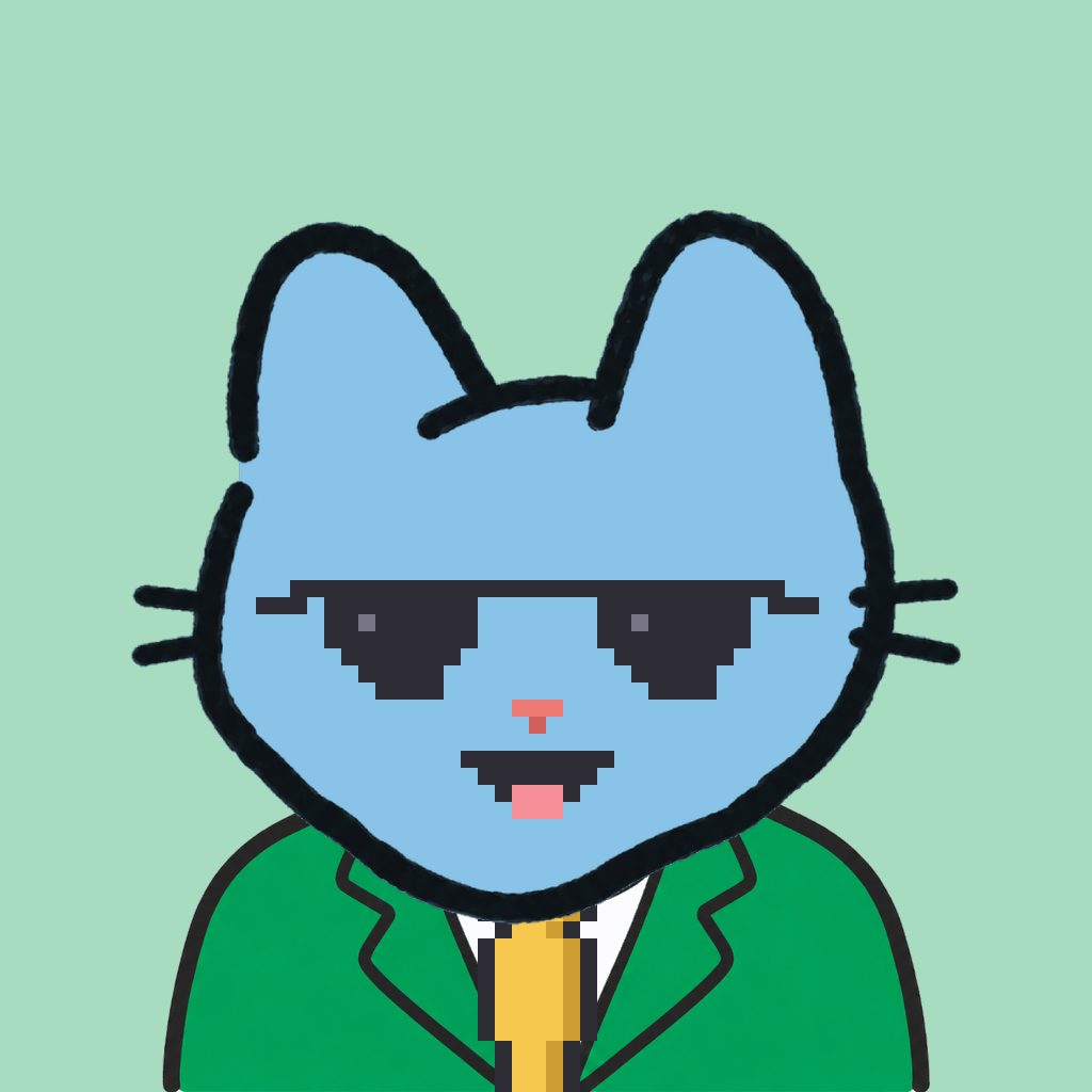 Employee #0947 — a sky cat, in a green suit, with a gold tie, wearing shades glasses, on mint
