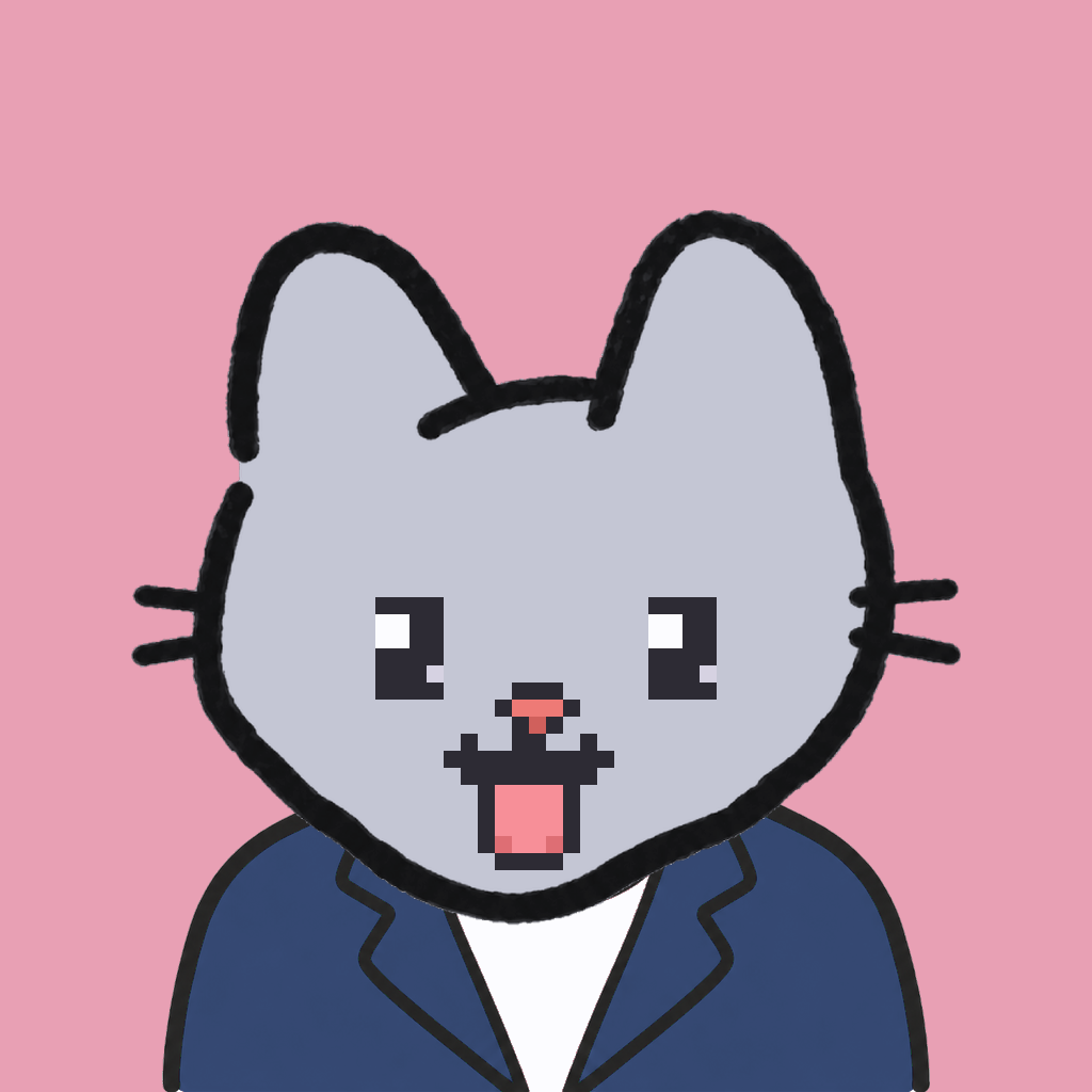 Employee #0948 — a gray cat, in a navy suit, on rose