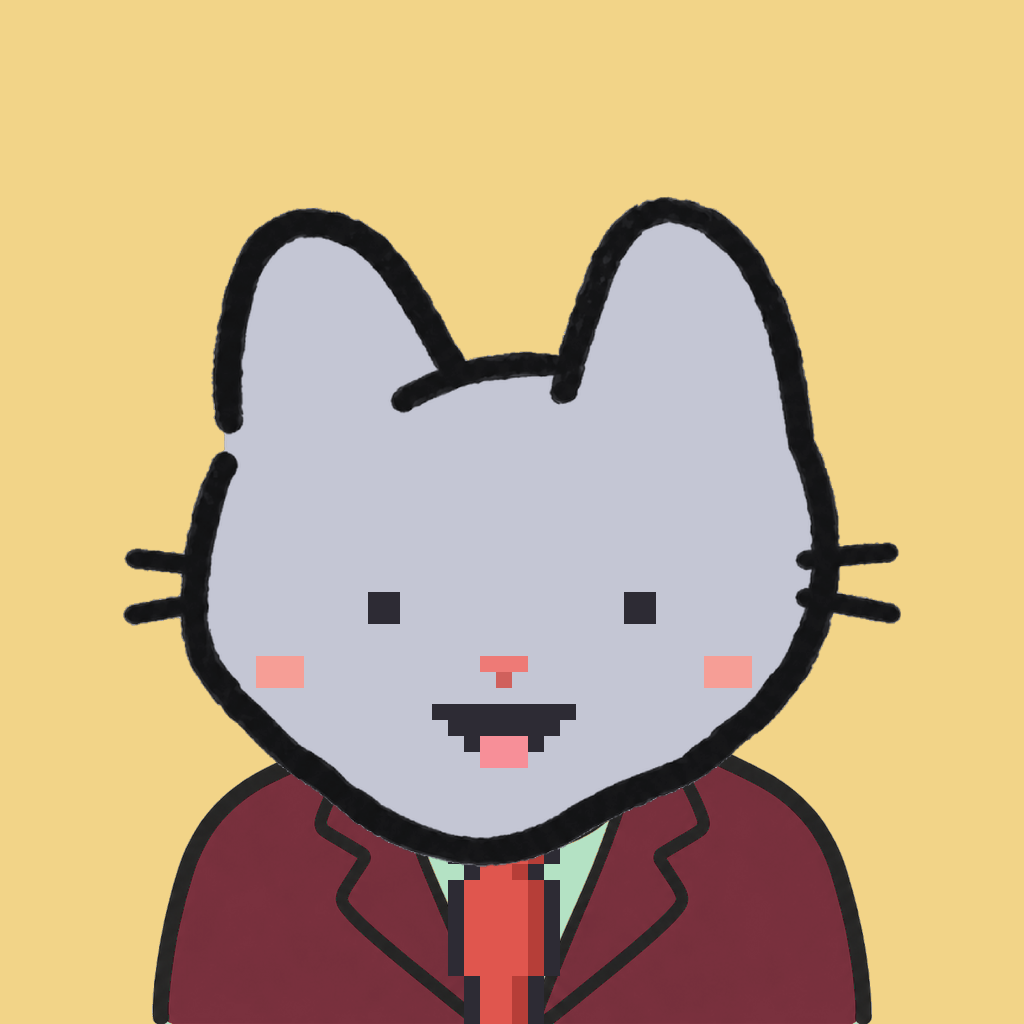 Employee #0949 — a gray cat, in a burgundy suit, with a red tie, on butter