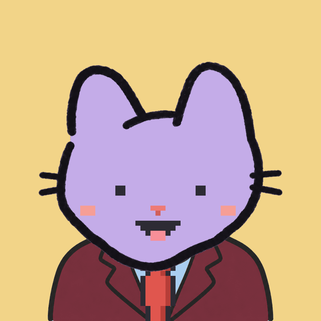 Employee #0095 — a lavender cat, in a burgundy suit, with a red tie, on butter