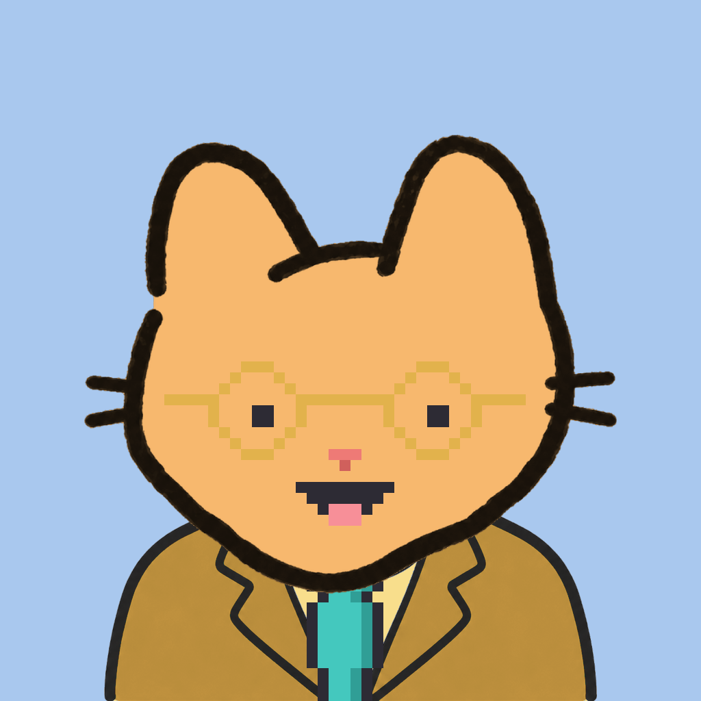 Employee #0950 — a tabby cat, in a mustard suit, with a teal tie, wearing round-gold glasses, on sky