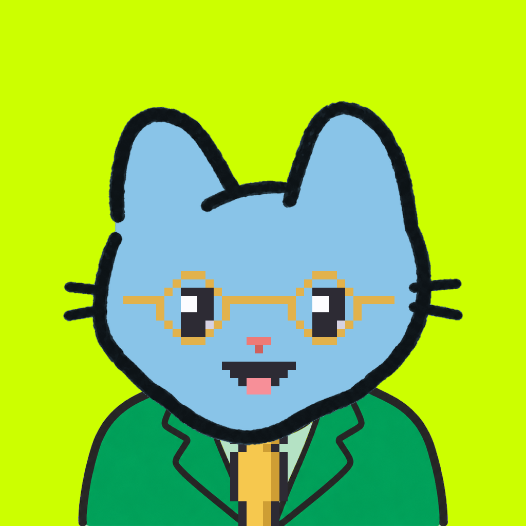 Employee #0951 — a sky cat, in a green suit, with a gold tie, wearing round-gold glasses, on volt