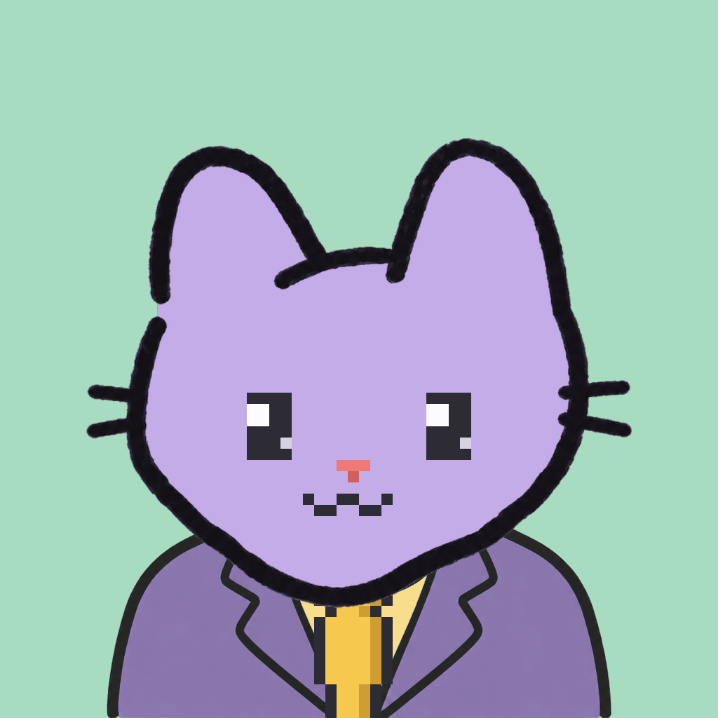 Employee #0952 — a lavender cat, in a lavender suit, with a gold tie, on mint
