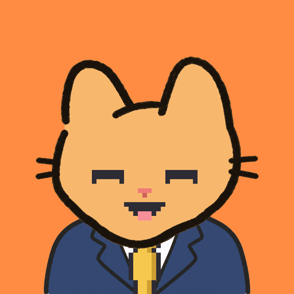 Employee #0954 — a tabby cat, in a navy suit, with a gold tie, on tangerine